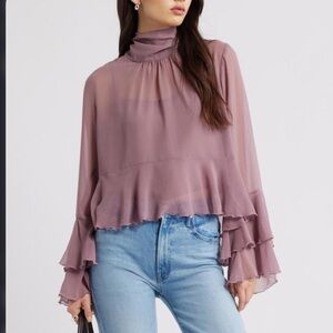 High Neck Ruffle Sheer Blouse in Dusty Mauve